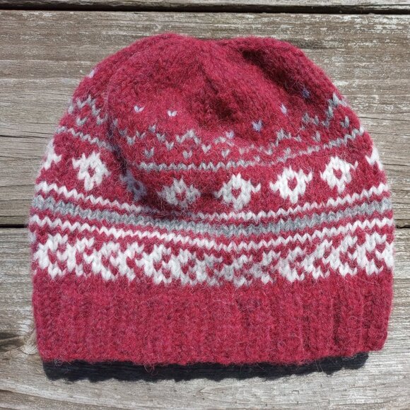 Men's Alpaca Fair Isle Wool Beanie Hat Hand Knit Red Winter Nordic Women's - Picture 5 of 9